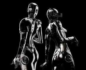 Two fashion robots on black background. © Yevhen
