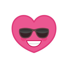 Laughing heart shaped funny emoticon icon. Satisfied pink emoji in sunglasses. Social communication and online chatting vector element. Confident face showing facial emotion. Valentine's day mascot