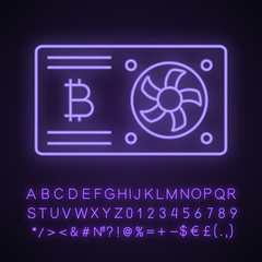 Bitcoin mining graphic card neon light icon