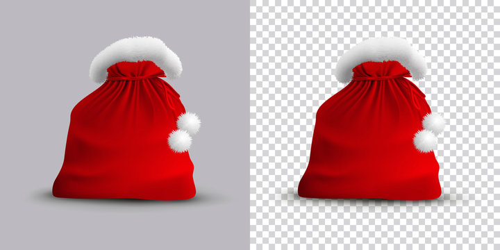 Christmas Open Bag Of Santa Claus Isolated On Gray And Transparent Background. Vector Realistic Illustration.