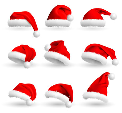 Collection of Red Santa Claus Hats isolated on white background. Set. Vector Realistic Illustration.