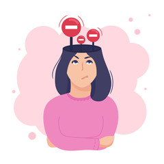 Inside woman’s head concept. Mind restrictions and internal boundaries. Stop signs illustrating control and limitations. Vector illustration isolated on white