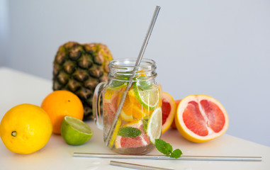 fruits and juice in glass