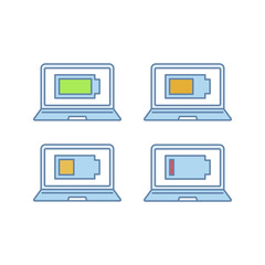 Laptop battery charging color icons set
