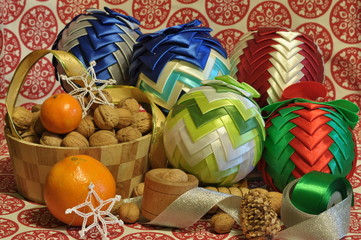Christmas decorations. Christmas. Christmas Eve. Christmas ornaments with satin belt.