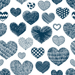 Hearts doodles pattern. Valentines day background. Romantic texture. Hand drawn effect vector. Wedding and marriage doodles. Love theme sketches. Hearts scribbles.