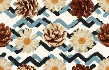 Printable seamless vintage autumn repeat pattern background with daisies, and pine cones. Botanical wallpaper, raster illustration in super High resolution.