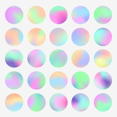 Holographic round frames set. Trendy backdrops for logos, signs or letering. Hologram bubbles. Pastel smooth textures. Modern vector backgrounds for web design or printed products.