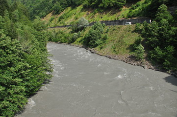 Inguri River. Georgia. Strong current and high level in the river.