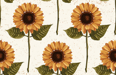 Do druku bezszwowe tło jesień powtarzać wzór tła z słoneczniki. Tapeta botaniczna, ilustracja rastrowa w super wysokiej rozdzielczości. - 232937286
