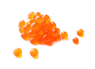 Delicious red caviar on white background