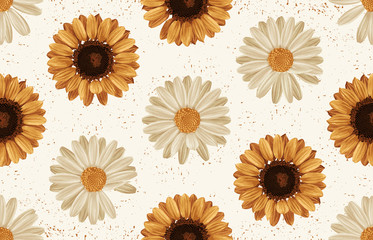 Printable seamless vintage autumn repeat pattern background with daisies and sunflowers. Botanical wallpaper, raster illustration in super High resolution. - 232938011