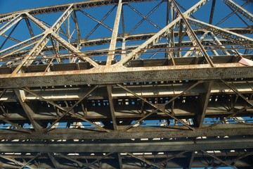 Railway bridge over the river. Bug valley. View of the metal structure of the river.