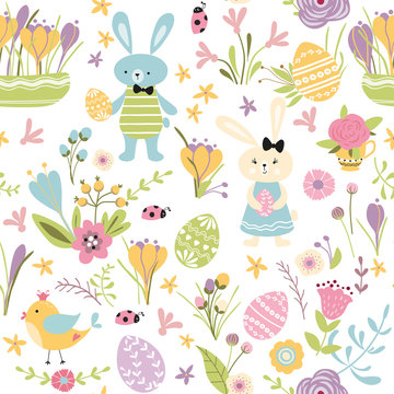 Seamless pattern Happy Easter hand drawn cute vector illustration with bunny rabbit eggs spring flowers bird on white