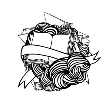 Doodle art with open books with ribbon and pen. Vector concept of learning, library, education. Linear graphics. Hand drawn illustration.