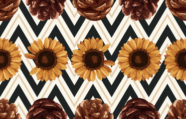 Printable seamless vintage autumn repeat pattern background with pine cones and sunflowers. Botanical wallpaper, raster illustration in super High resolution.
