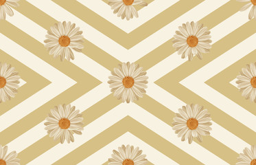 Printable seamless vintage repeat pattern background with white daisies. Botanical wallpaper, raster illustration in super High resolution.