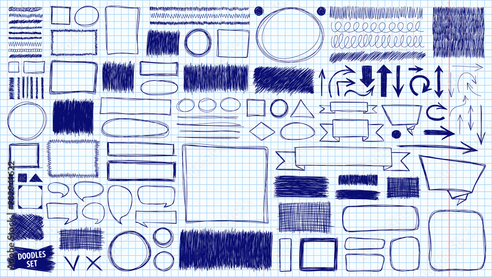 Poster doodles set. scribble collection. ink sketches. hand drawn effect vector. scrawl elements. notebook 