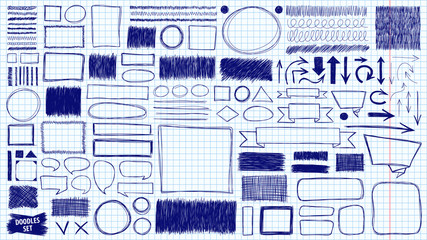 Doodles set. Scribble collection. Ink sketches. Hand drawn effect vector. Scrawl elements. Notebook abstract drawing. Notebook page pen sketches. Simple doodle frames and strokes. © ADELART