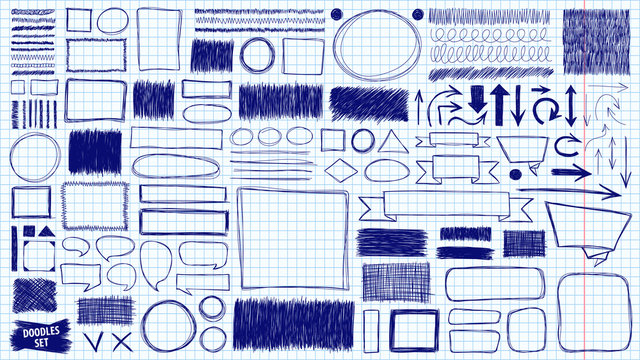 Doodles set. Scribble collection. Ink sketches. Hand drawn effect vector. Scrawl elements. Notebook abstract drawing. Notebook page pen sketches. Simple doodle frames and strokes.