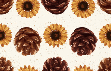 Printable seamless vintage autumn repeat pattern background with pine cones and sunflowers. Botanical wallpaper, raster illustration in super High resolution.