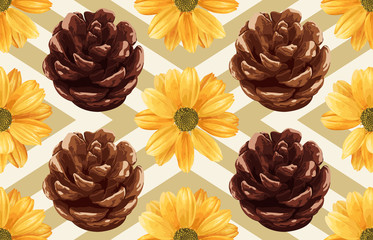 Printable seamless vintage repeat pattern background with yellow chrysanthemum flowers and pine cones. Botanical wallpaper, raster illustration in super High resolution.