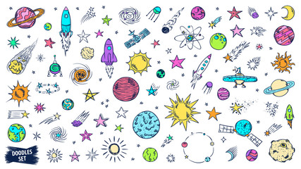 Space doodles set. Astronomy. Cosmic sketches. Zodiac. Planets. Moon and stars. Sun. Spaceship. Meteor. Comet. Alien. Asteroid. Constellation. Universe scribbles. Galaxy collection.