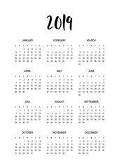 2019 calendar. Vector calender design template, year planner, diary monday month date, starts on Sunday, hand drawn lettering. Part of sets