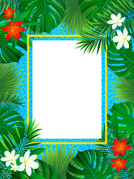 tropical flowers frame. Tropic poster vector illustration. background with exotic plant, palm leaf, swimming pool texture. Vertical border frame. beautiful card for summer, travel, invitate design.
