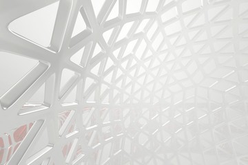Abstract 3d rendering concept of high poly architecture with steel and glass, chaotic mesh grid cellular mulecular structure. Sci-fi background with polygonal shape in mist or fog air. Futuristic