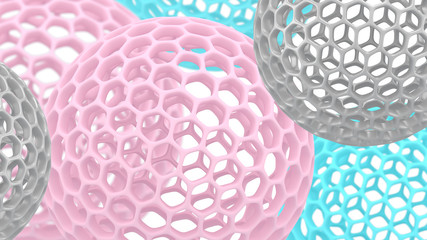 3d spheres with holes. Perforated balls background. Abstract wallpaper. Flying bubbles. Trendy modern illustration. 3d rendering. Cell. Pastel colors. Poster backdrop.