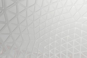 Abstract 3d rendering concept of high poly architecture with steel and glass, chaotic mesh grid cellular mulecular structure. Sci-fi background with polygonal shape in mist or fog air. Futuristic