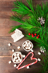Christmas hot drink with marshmallow with fir tree and candy canes