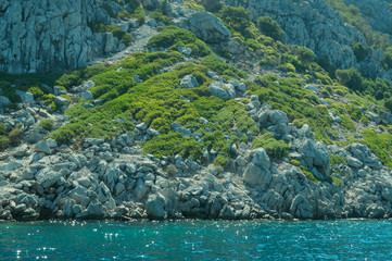 Mountain and sea. coastline with the overgrown rock