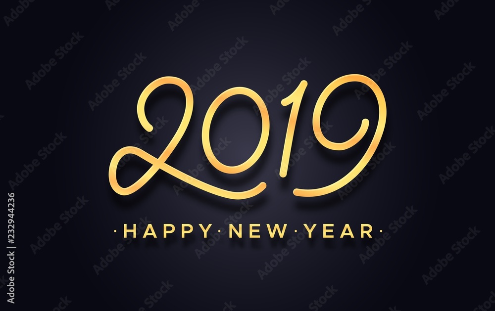 Wall mural happy new year 2019. gold symbol and greetings text for chinese year of the pig on black background.