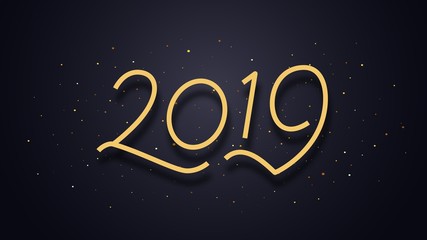 Happy New Year 2019 wishes typography text and gold confetti on luxury black background. Premium vector illustration with lettering for winter holidays