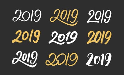 New Year collection, 2019 calligraphic text design. Set of handwritten numbers for Chinese for Year of the Pig. Vector illustration.