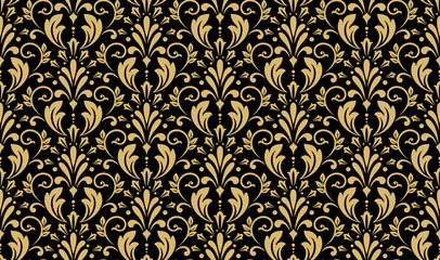 Wallpaper in the style of Baroque. Seamless vector background. Black and gold floral ornament. Graphic pattern for fabric, wallpaper, packaging. Ornate Damask flower ornament