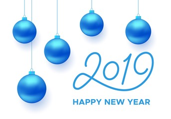Happy New Year 2019. Greeting card design with christmas balls. Vector illustration
