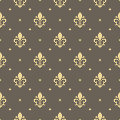 Wallpaper in the style of Baroque. Seamless vector background. Gold and grey floral ornament. Graphic pattern for fabric, wallpaper, packaging. Ornate Damask flower ornament