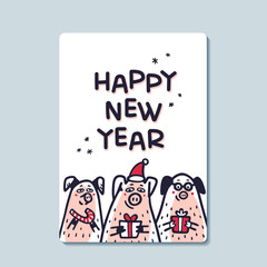 Happy new year Pig greeting card. Funny pigs with candy canes, gifts and santa hats. 2019 Chinese New Year symbol. Doodle style characters for greeting cards, print, icon, sticker. Vector illustration