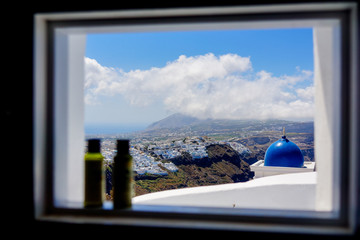 Postcard view of Thera, Santorini, Greece