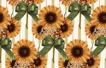 Printable seamless vintage autumn repeat pattern background with sunflowers. Botanical wallpaper, raster illustration in super High resolution.