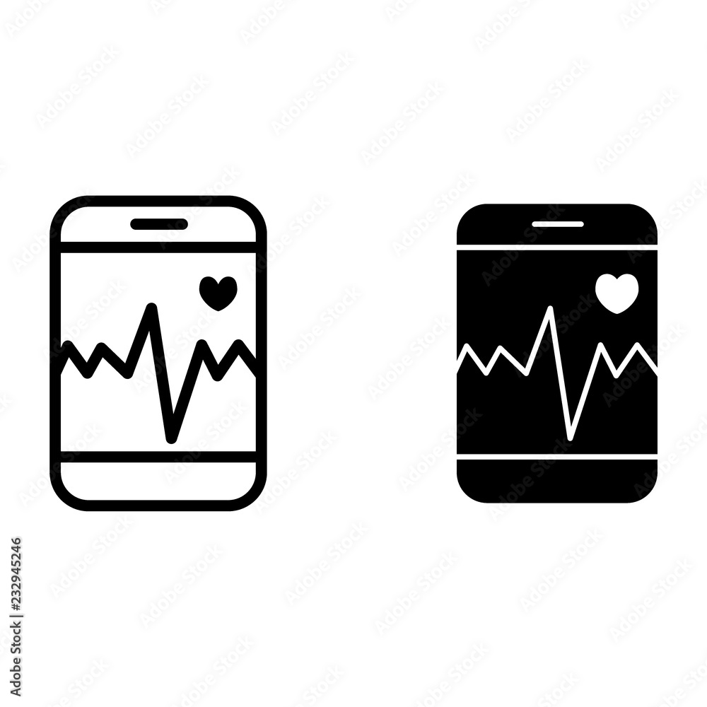 Aufkleber heart rate on smartphone line and glyph icon. cardiogram on phone vector illustration isolated on wh