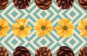 Printable seamless vintage repeat pattern background with yellow chrysanthemum flowers and pine cones. Botanical wallpaper, raster illustration in super High resolution.