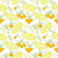 Sea buckthorn branch and lemon seamless pattern. Hand drawn berry and fruit vector illustration. Sketch style. Elements for menu, greeting cards, wrapping paper, cosmetics packaging, posters etc