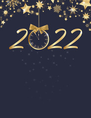 Happy New Year. Stars with big retro clock in golden colors.