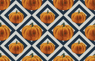Printable seamless vintage autumn repeat pattern background with pumpkins. Botanical wallpaper, raster illustration in super High resolution.