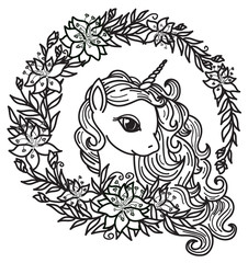 Vector unicorn cartoon in floral frame,  black silhouette,  isolated on white for coloring.