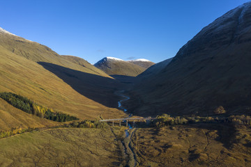 Aerial view of a Scottish Mountain Valley in the Highlands of Scotland, UK.